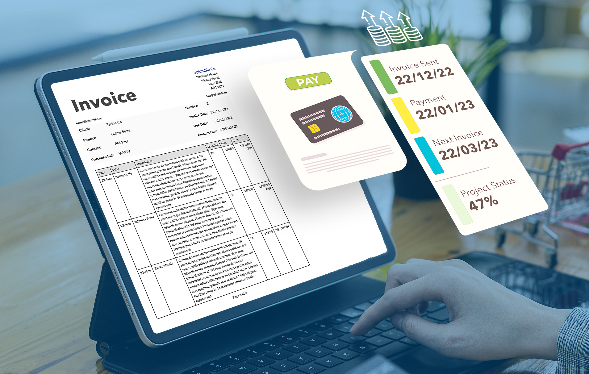 Image of a tablet displaying a tabi invoice with an overlay showing screenshots of invoice overview details such as 'Invoice Sent', 'Payment' and 'Next Invoice'