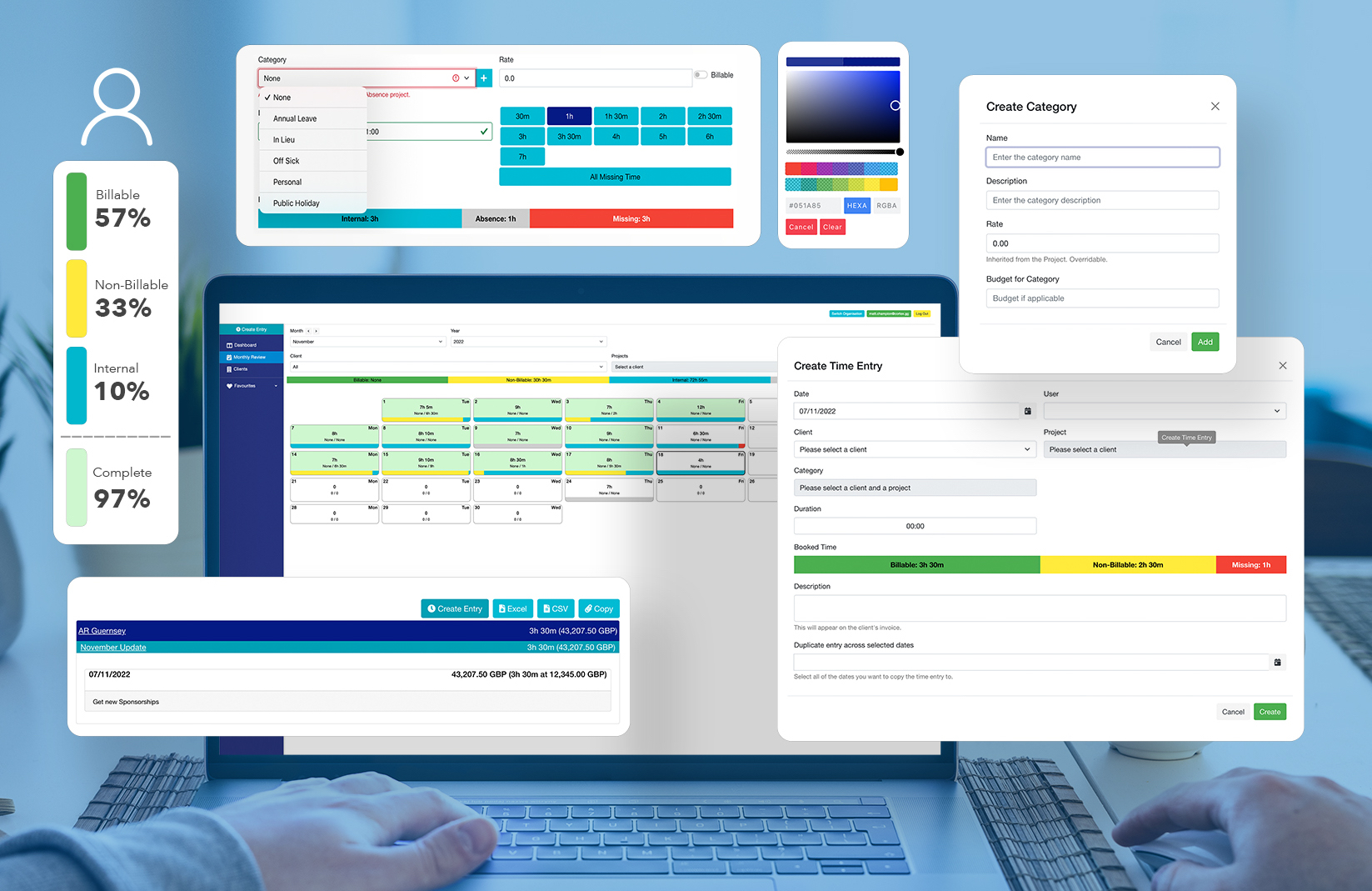 Image of a laptop with an overlay showing screenshots from tabi, including the monthly overview screen, time entry modal and project profitability overview figures